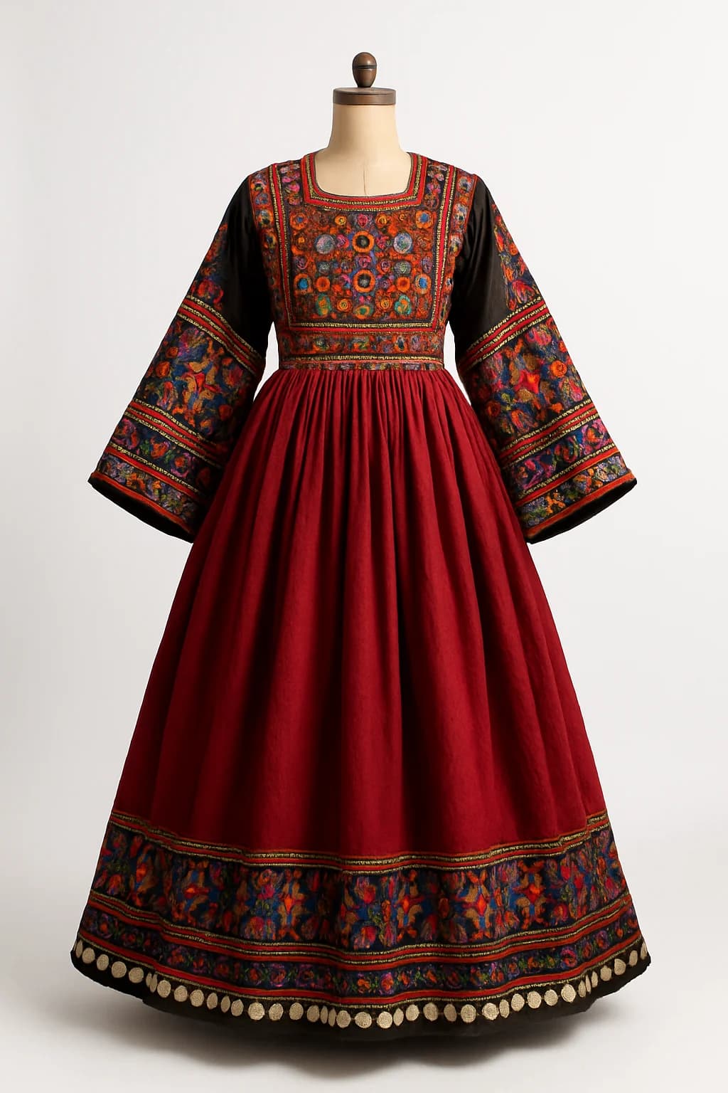 Kuchi dress with mirror work and coin trim, custom made by HMN Alteration & Tailoring
