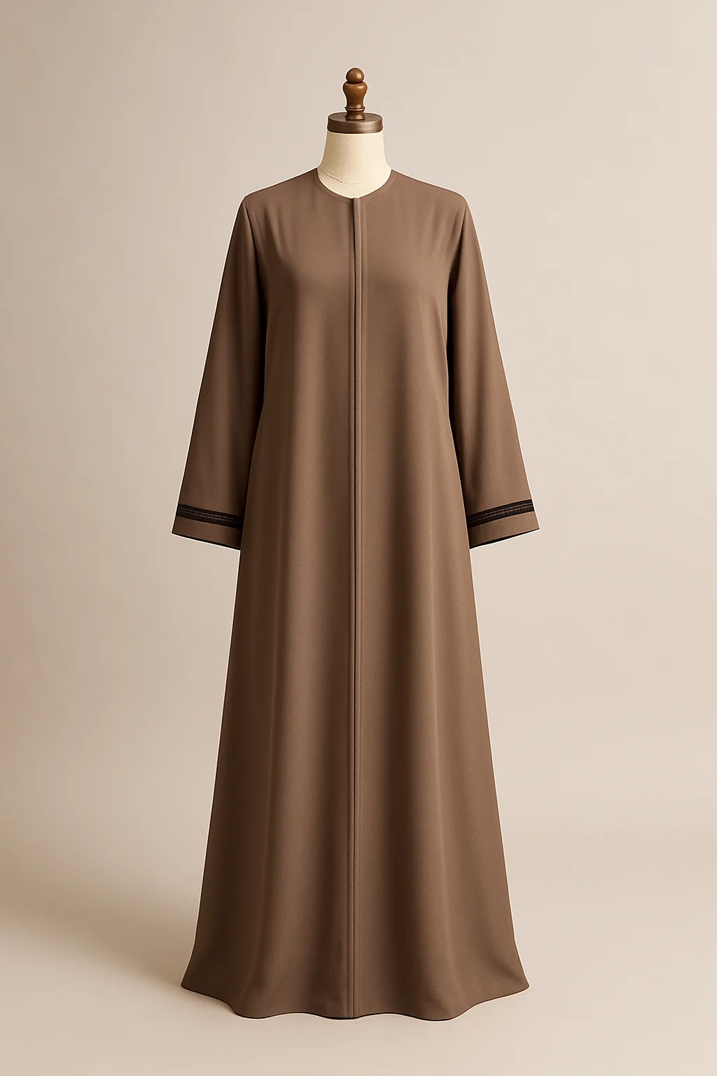 Taupe nida abaya with embroidered cuffs, custom made by HMN Alteration & Tailoring