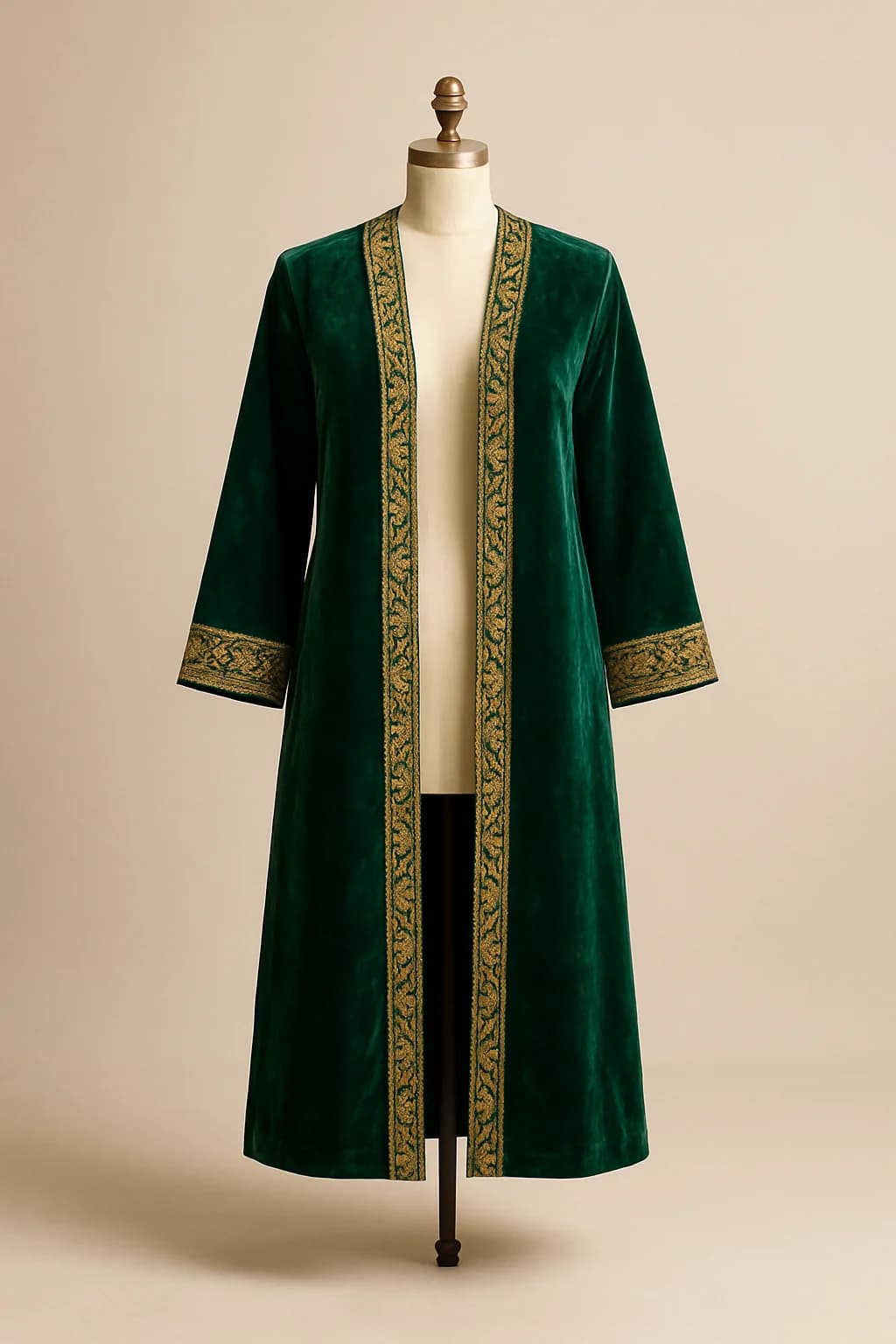 Emerald velvet chapan coat, custom made by HMN Alteration & Tailoring