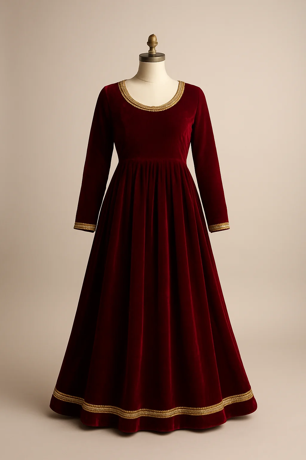 Maroon velvet Afghan dress with gold braid, custom made by HMN Alteration & Tailoring