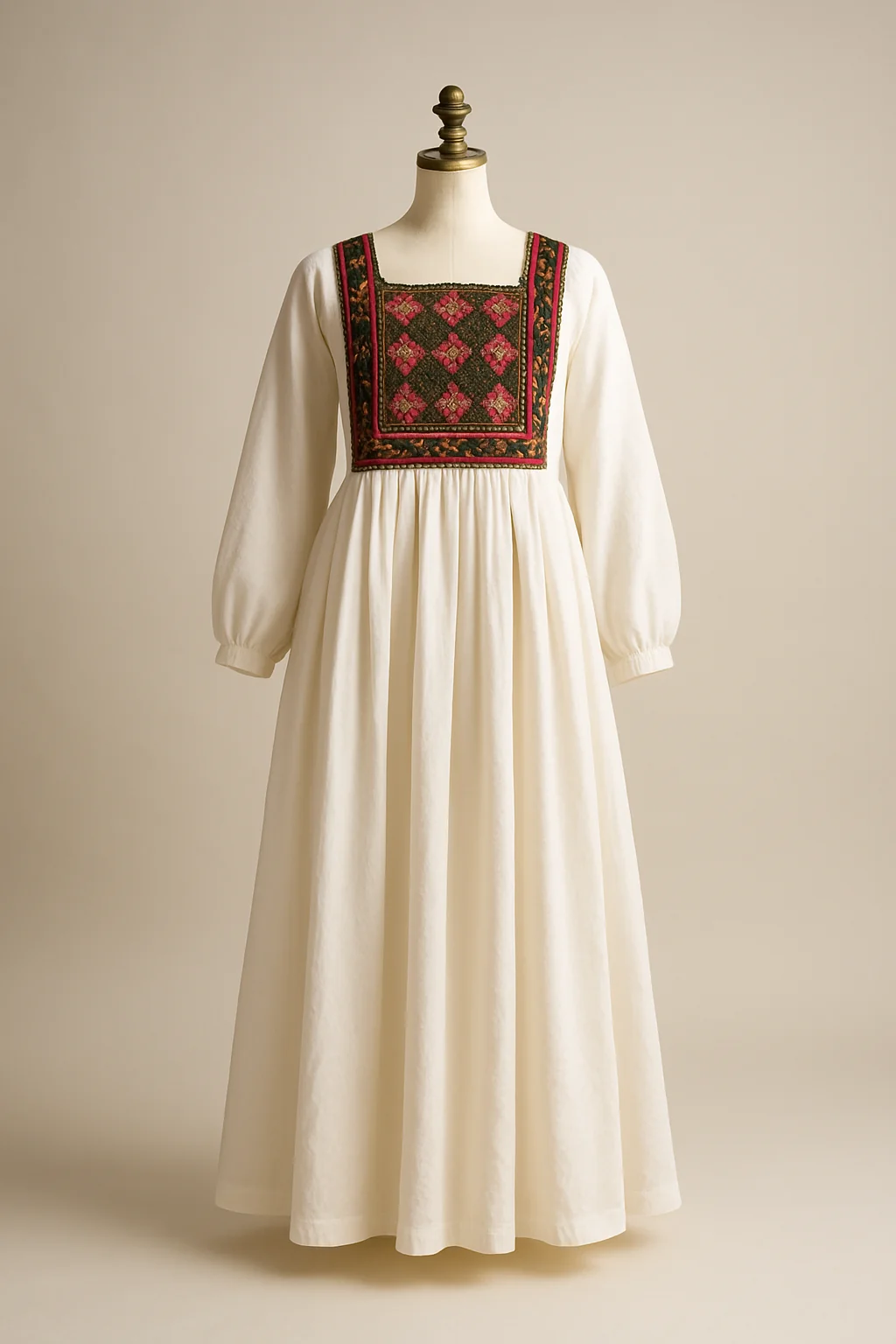 White Afghan dress with cross-stitch chest panel, custom made by HMN Alteration & Tailoring