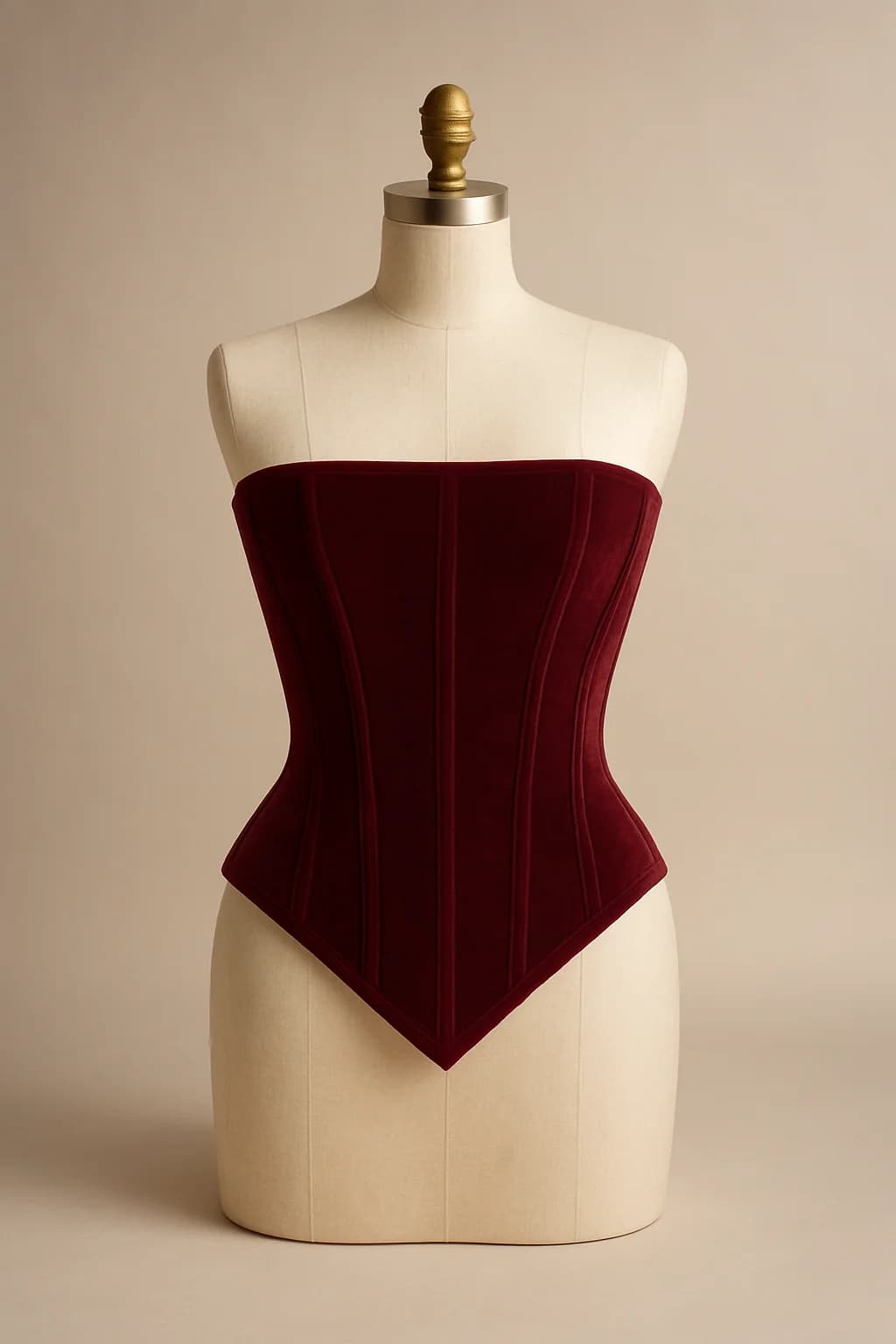 Burgundy velvet runway corset, custom made by HMN Alteration & Tailoring