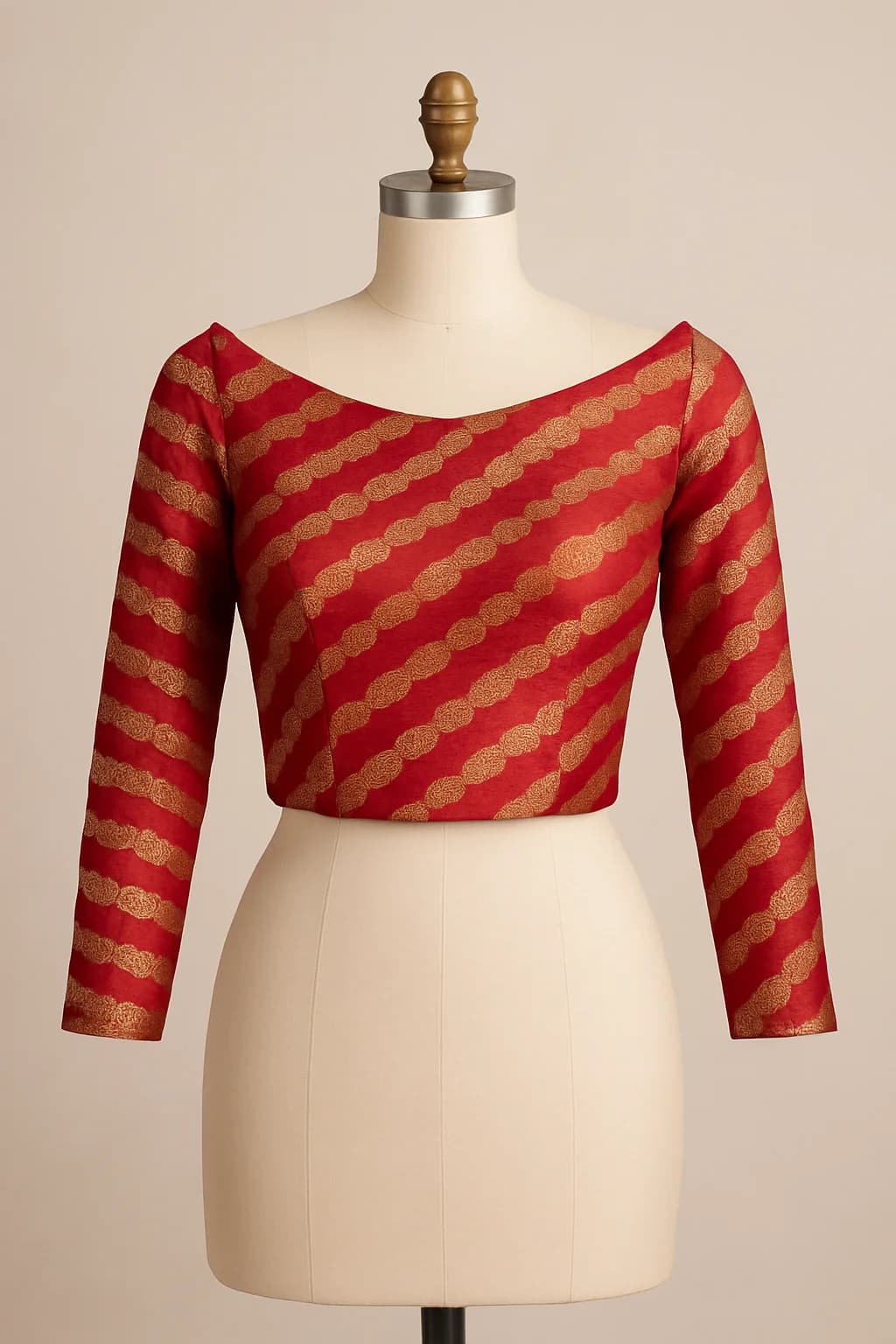 Red and gold brocade saree blouse with green lehenga, custom made by HMN Alteration & Tailoring