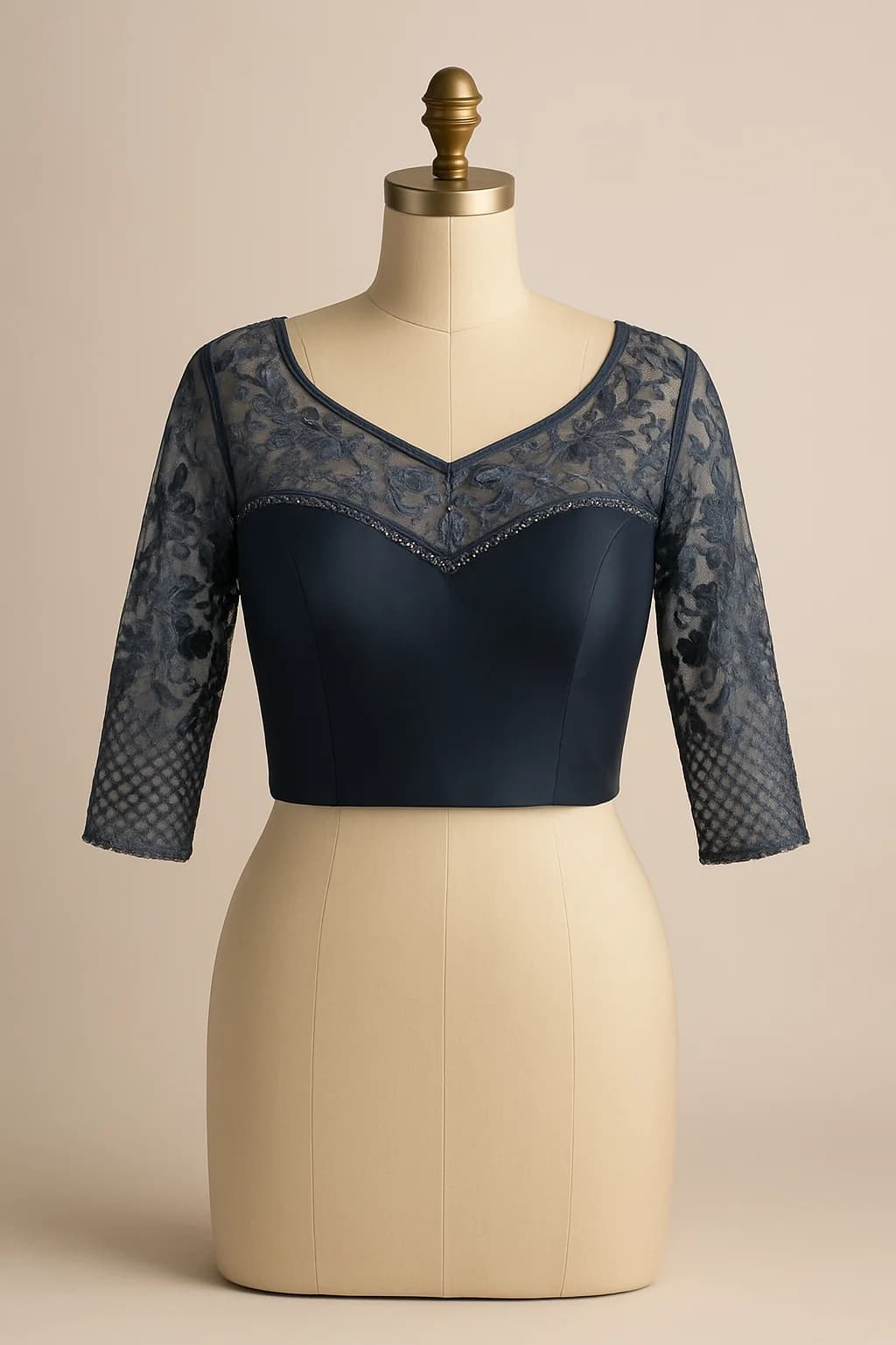 Slate blue blouse with sheer embroidered yoke, custom made by HMN Alteration & Tailoring