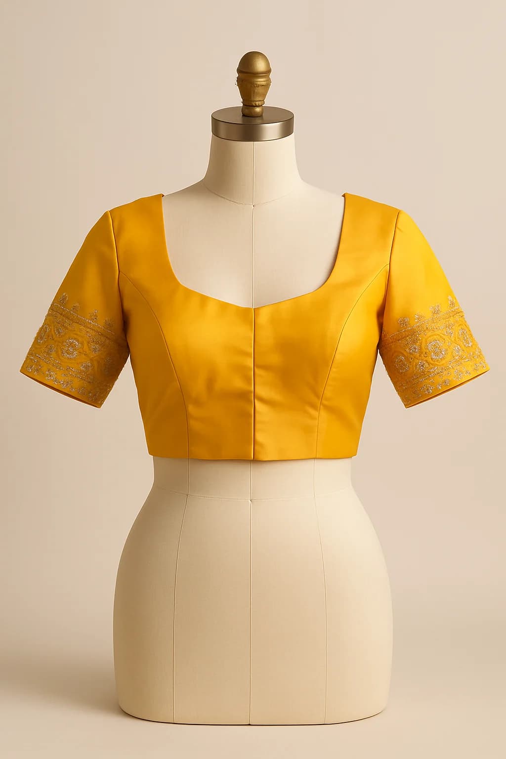 Mustard satin saree blouse with embroidered sleeves, custom made by HMN Alteration & Tailoring