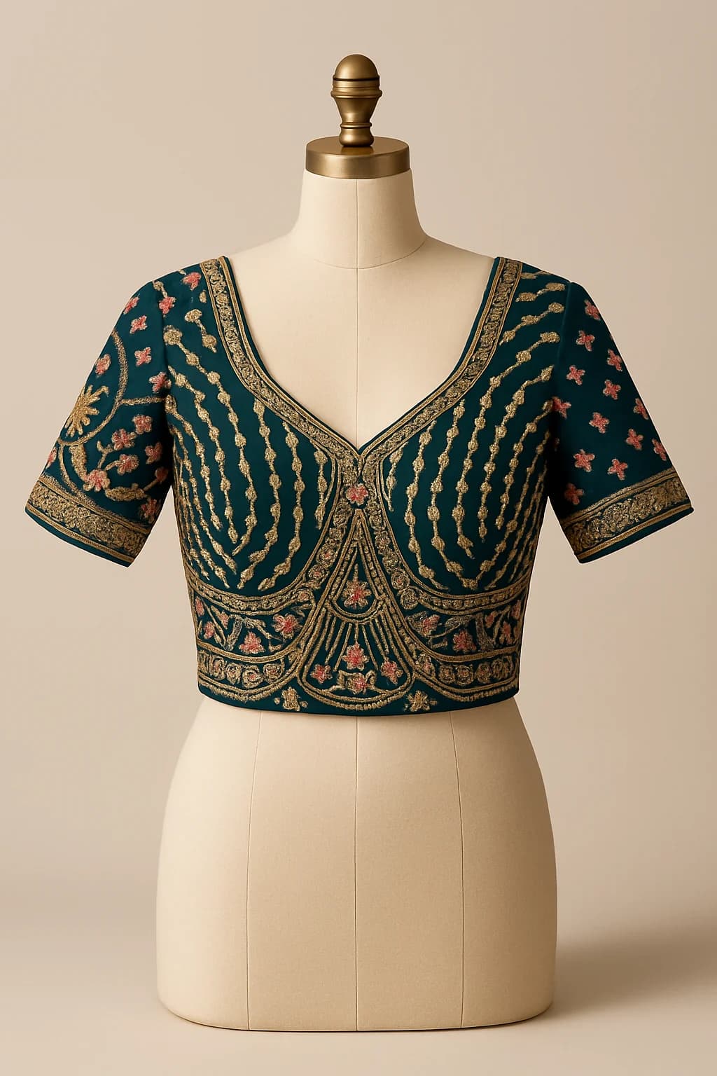 Teal saree blouse with gold zardozi embroidery, custom made by HMN Alteration & Tailoring