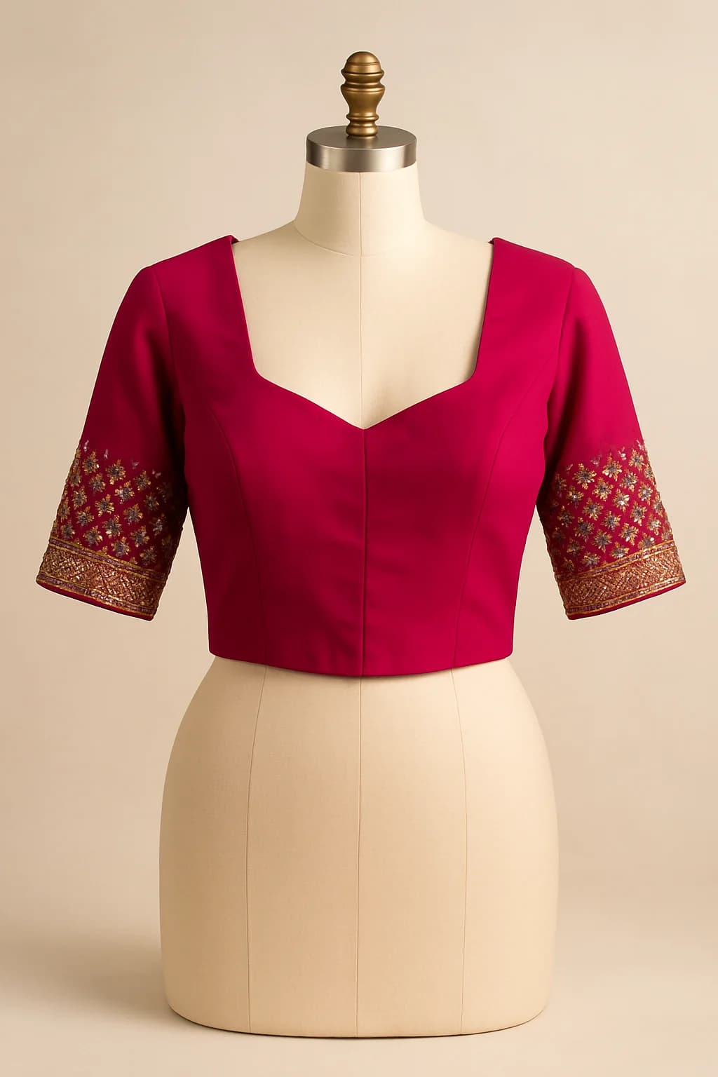 Magenta saree blouse with embroidered sleeves, custom made by HMN Alteration & Tailoring