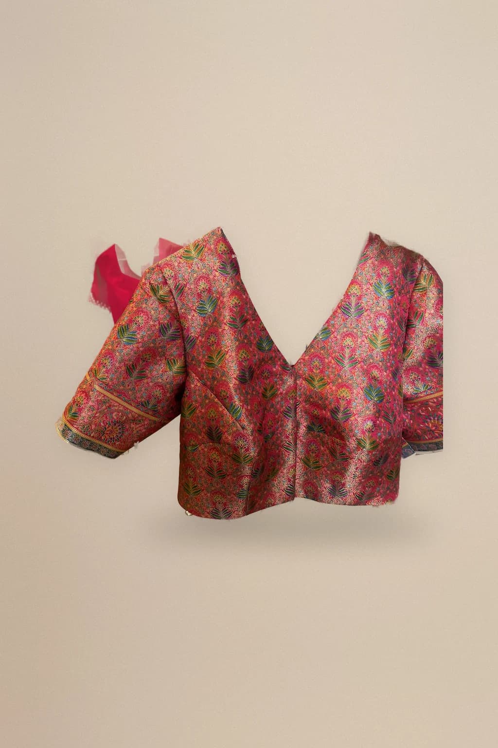 Pink floral brocade saree blouse, custom made by HMN Alteration & Tailoring