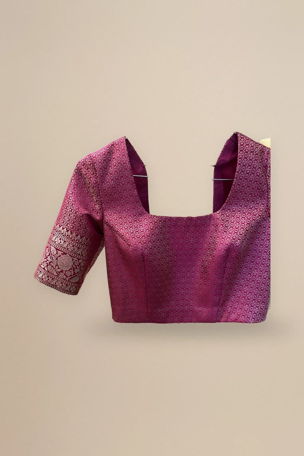 Magenta brocade square-neck saree blouse, custom made by HMN Alteration & Tailoring