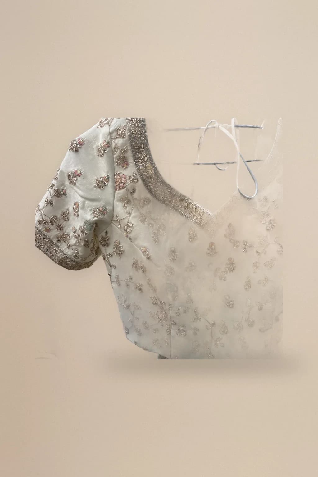 Ivory floral embroidered saree blouse, custom made by HMN Alteration & Tailoring