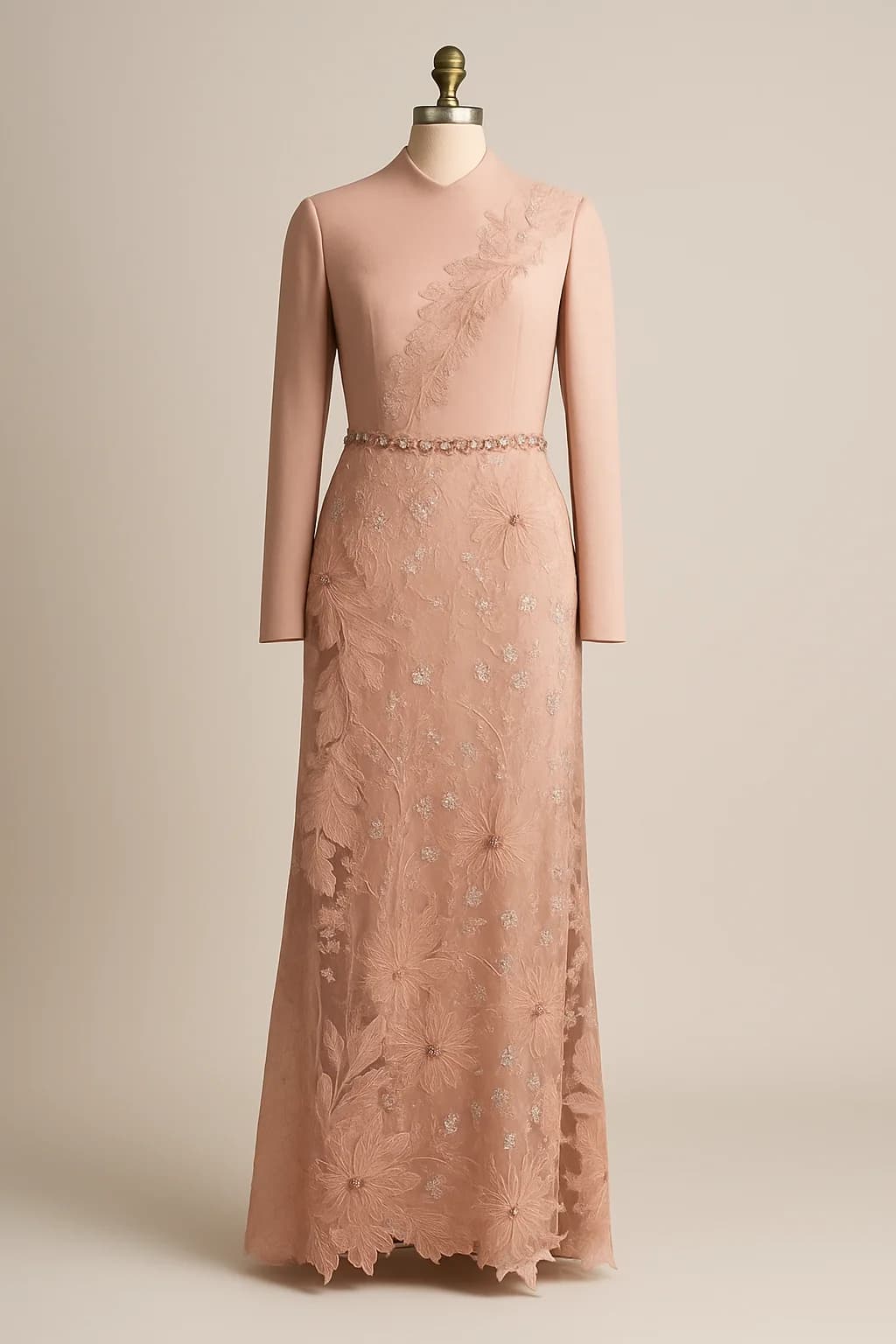 Blush lace high-neck modest gown, custom made by HMN Alteration & Tailoring