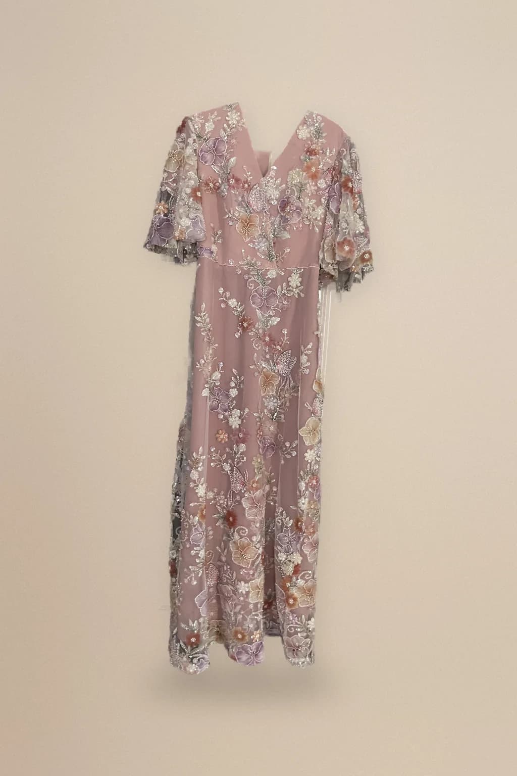 Pink floral sequin dress with flutter sleeves, custom made by HMN Alteration & Tailoring