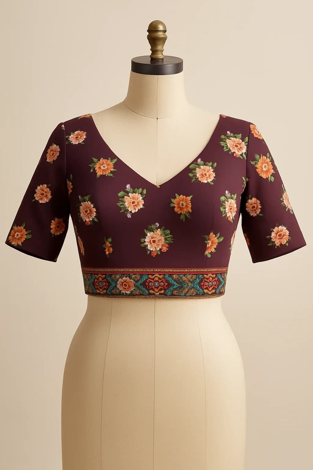Burgundy floral print saree blouse, custom made by HMN Alteration & Tailoring