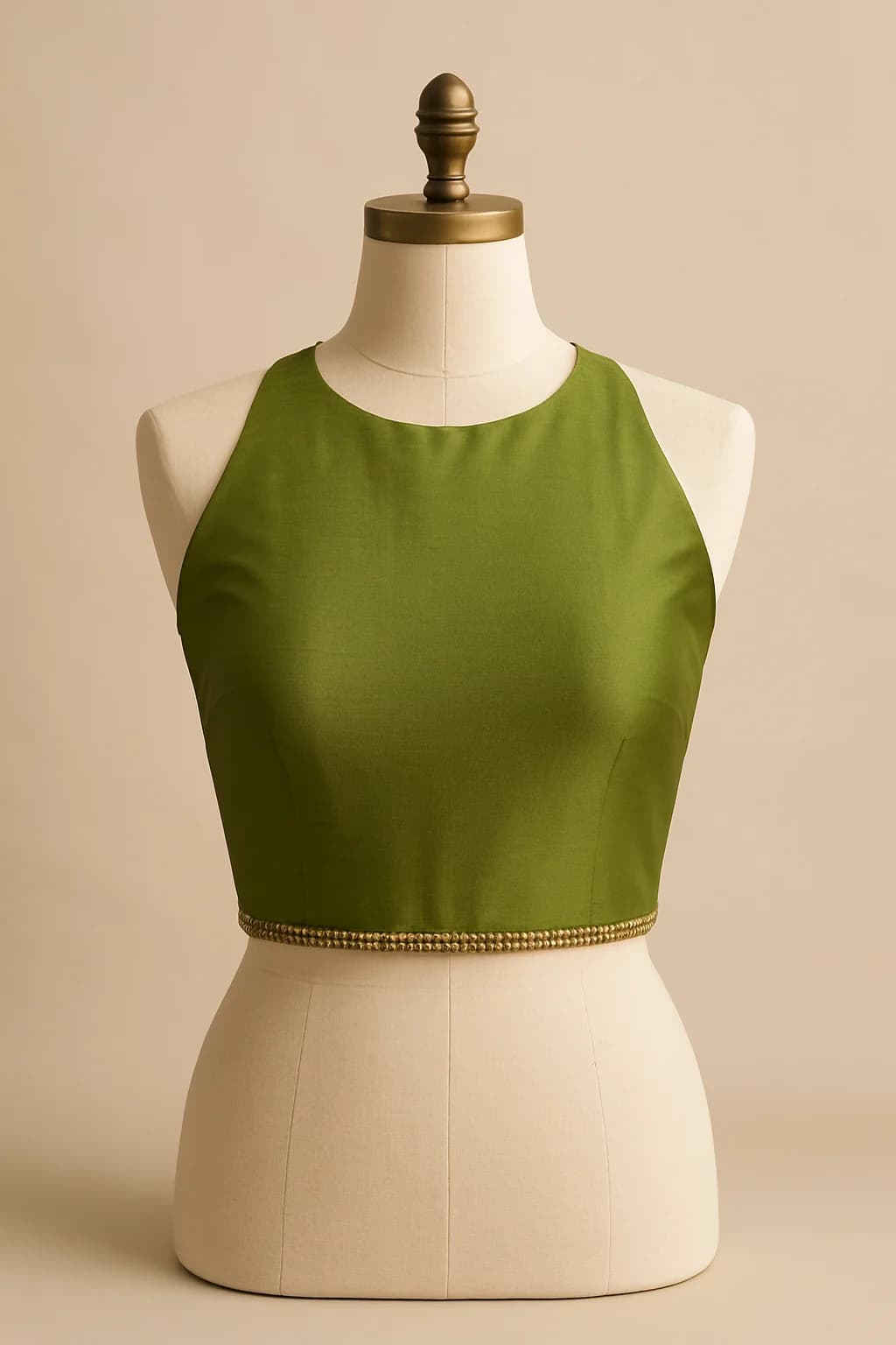 Olive silk halter crop top, custom made by HMN Alteration & Tailoring