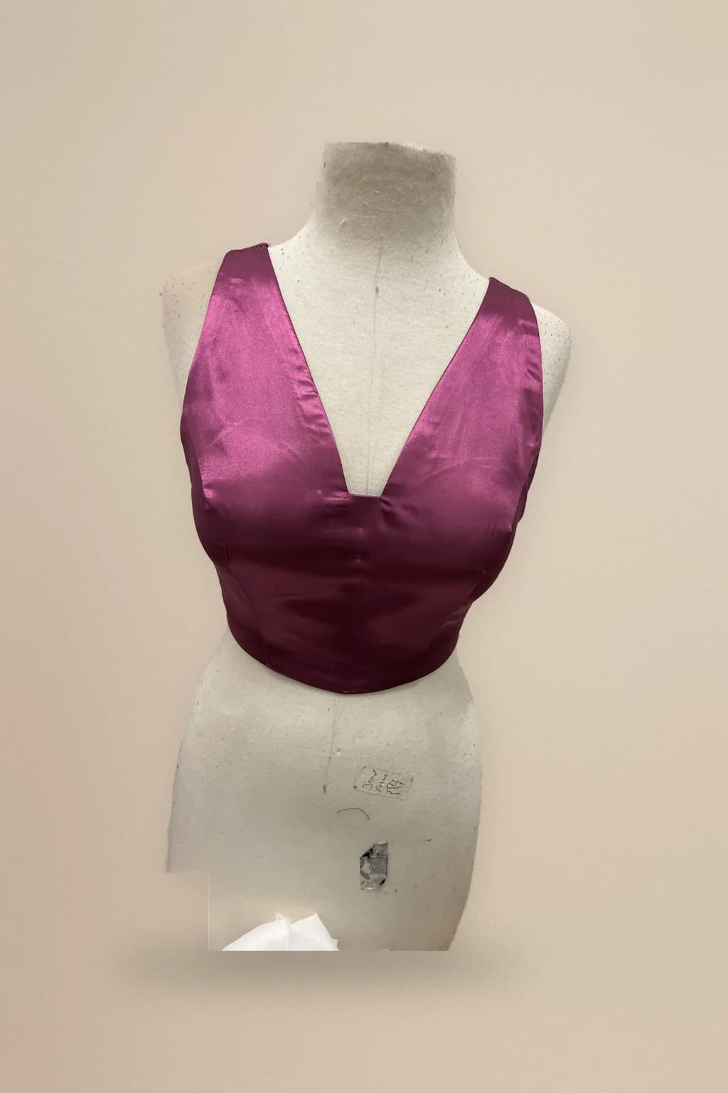 Magenta satin V-neck crop top, custom made by HMN Alteration & Tailoring