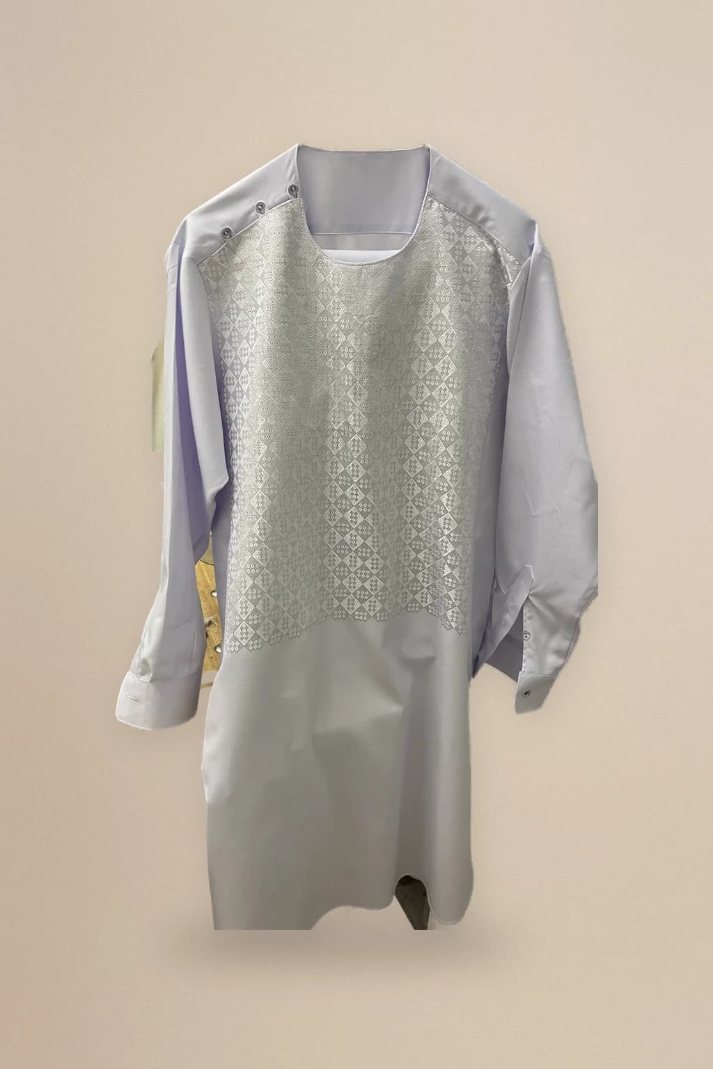 Lilac perahan with embroidered front panel, custom made by HMN Alteration & Tailoring