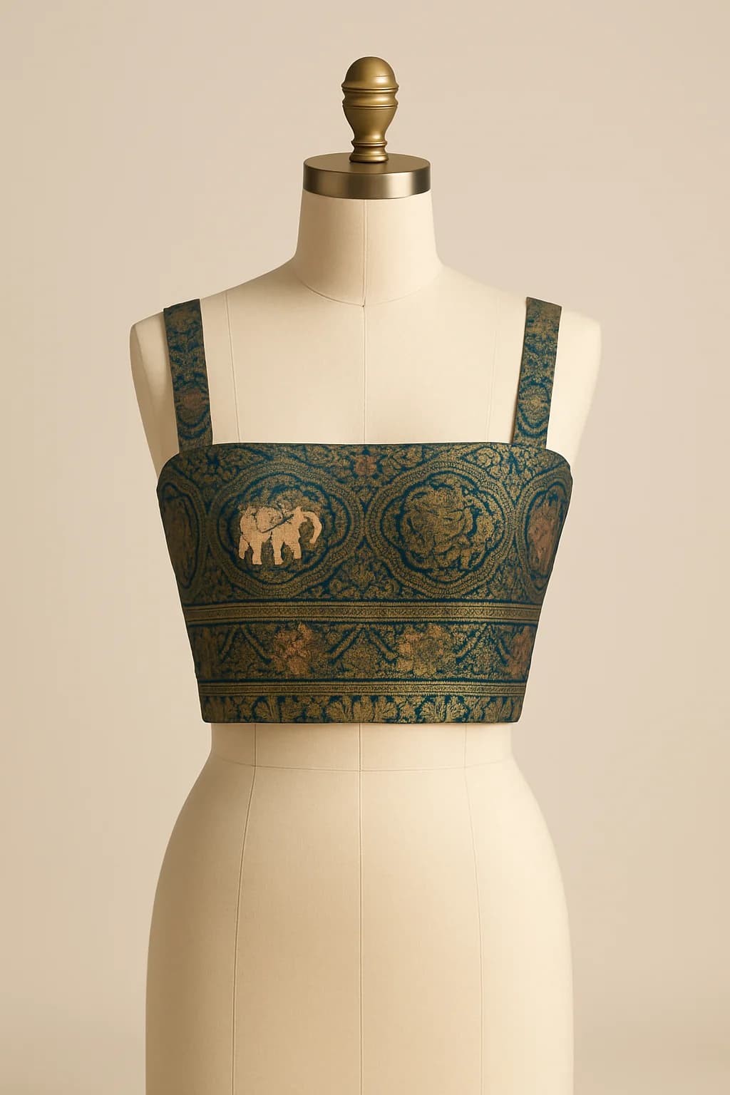 Green brocade strappy saree blouse, custom made by HMN Alteration & Tailoring