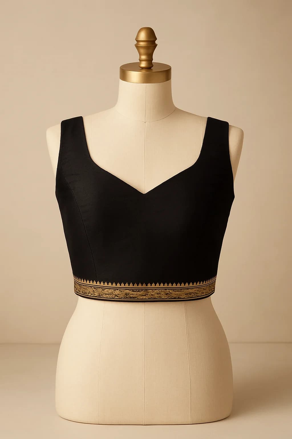 Black silk saree blouse with gold border, custom made by HMN Alteration & Tailoring