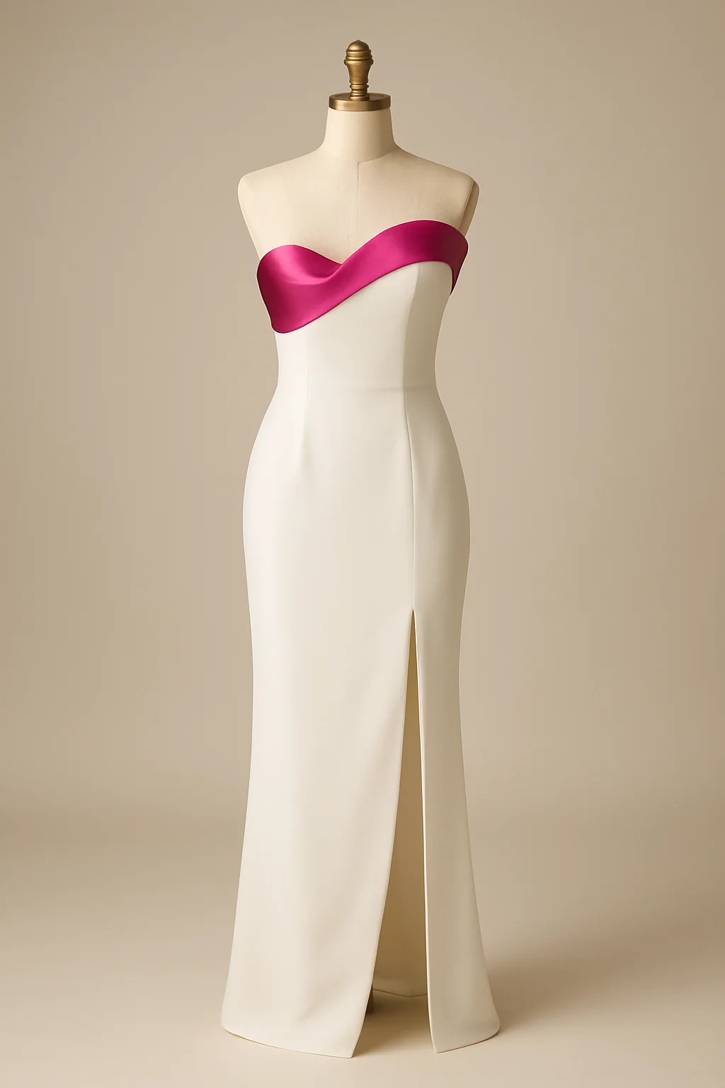 Ivory column gown with magenta velvet band, custom made by HMN Alteration & Tailoring