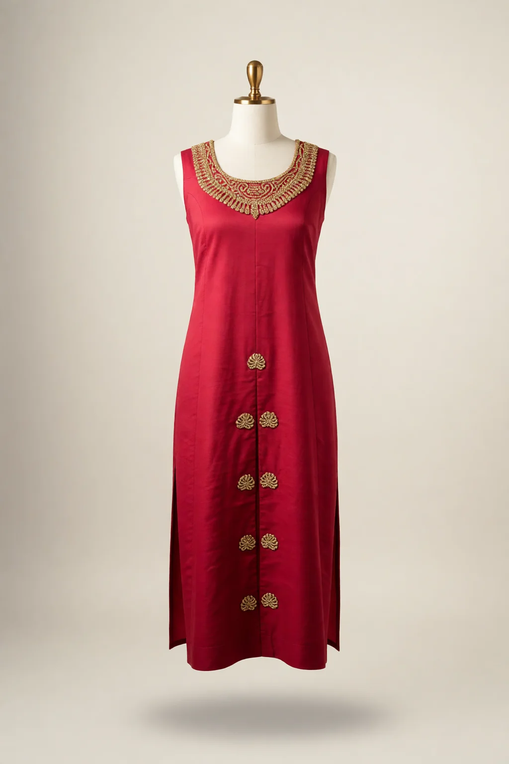 Red sleeveless tunic with gold embroidered neckline, front view
