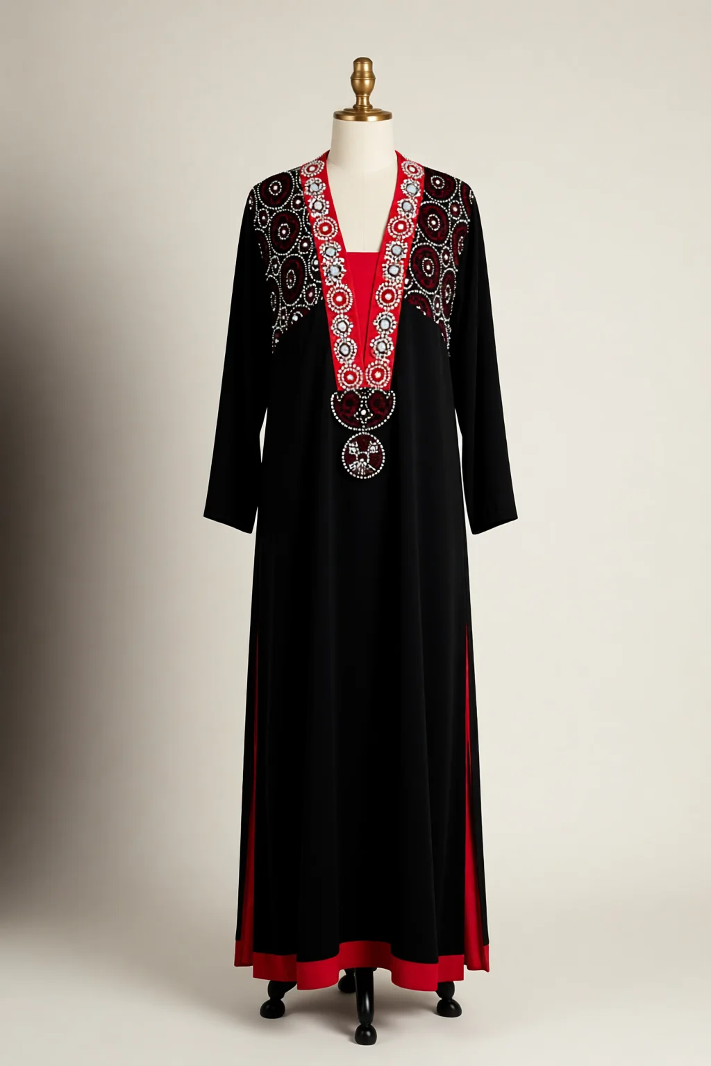 Black long tunic with red beaded neckline, custom made by HMN Alteration & Tailoring