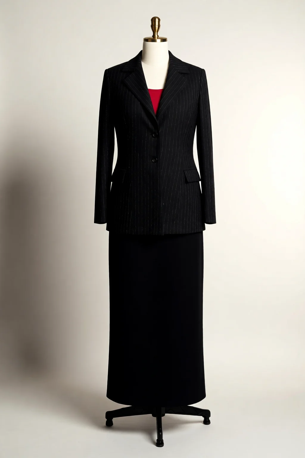 Black pinstripe skirt suit, front view