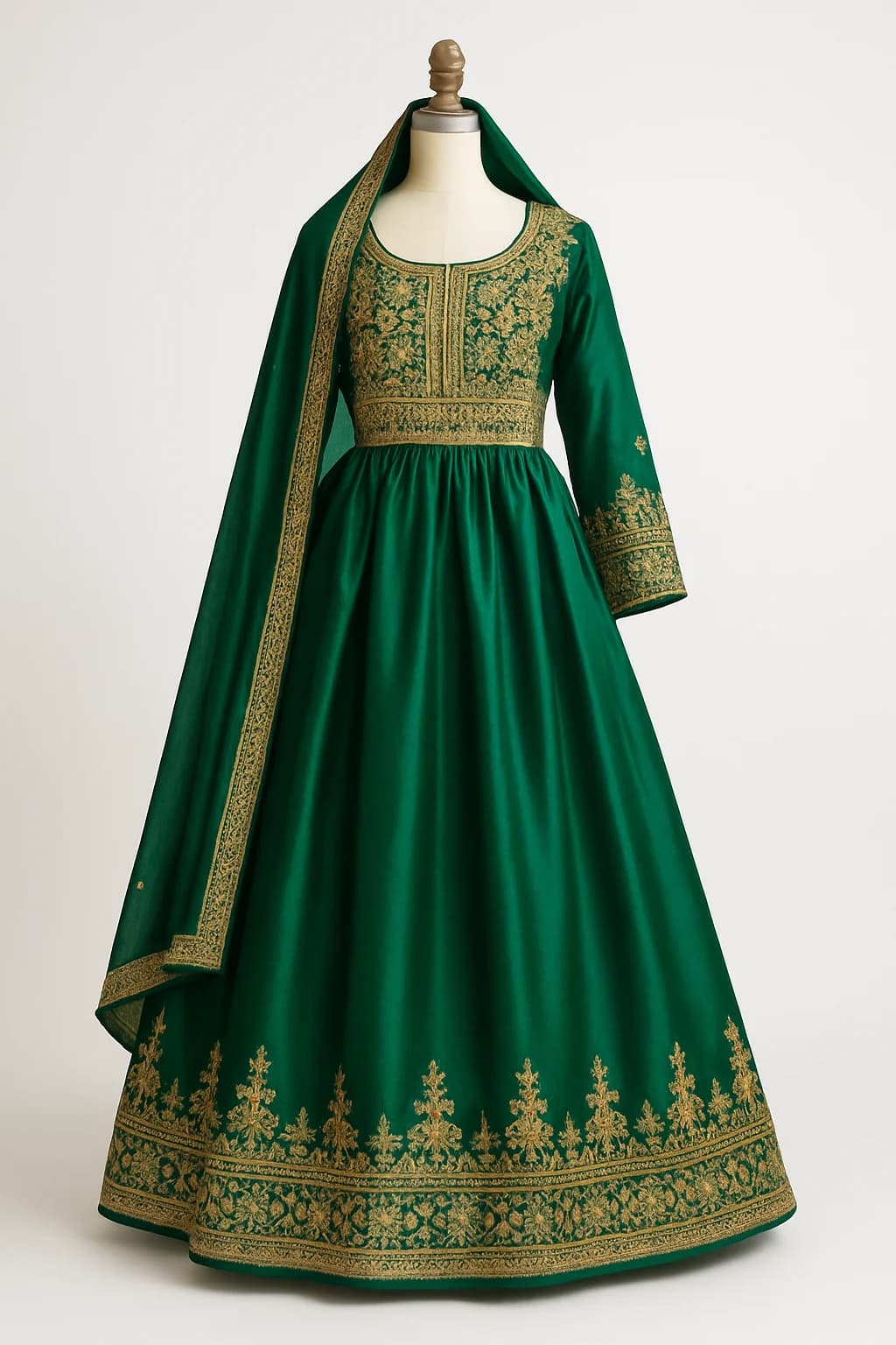 Green nikah dress with gold embroidery, custom made by HMN Alteration & Tailoring