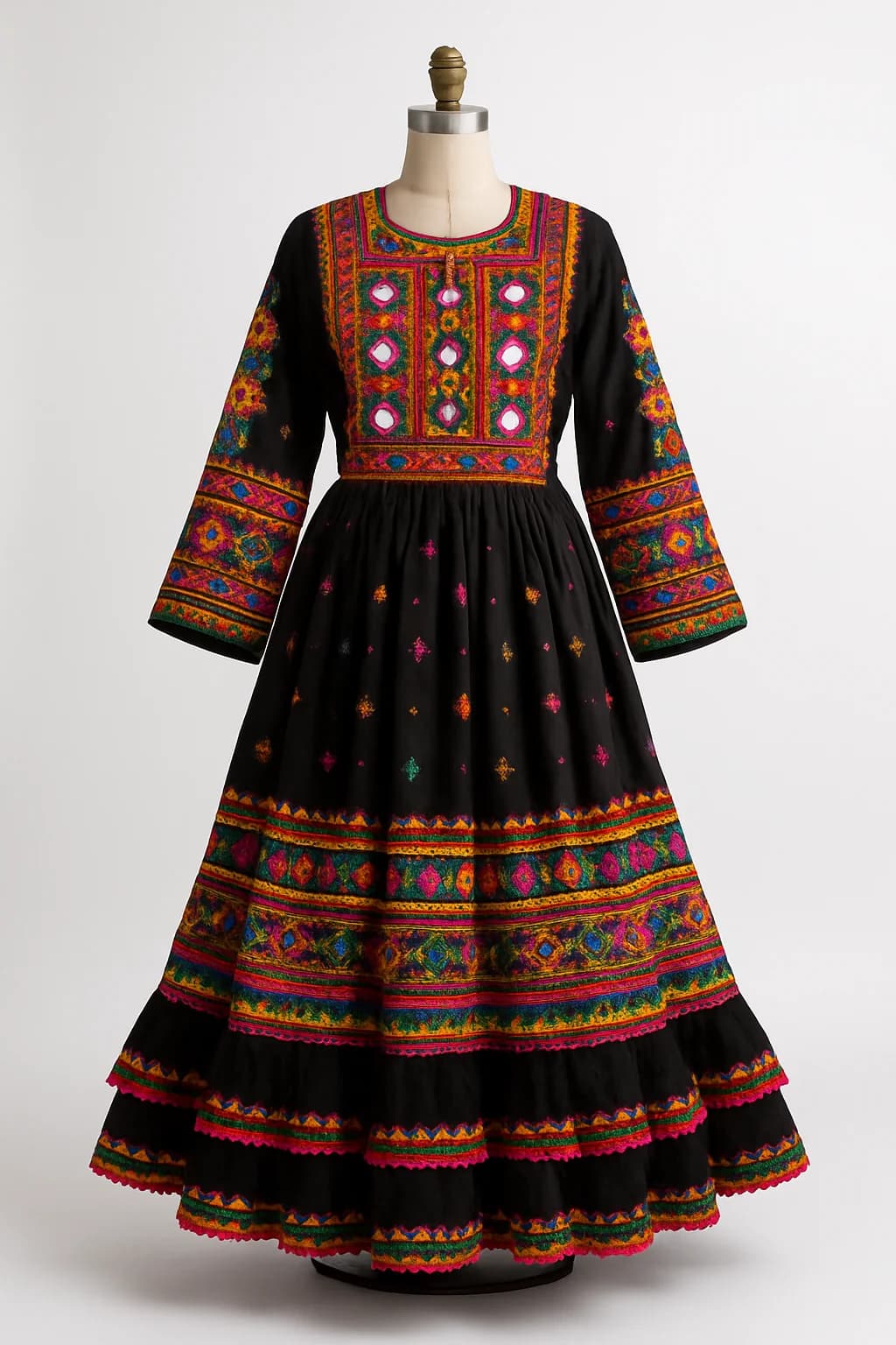 Black Kuchi dress with multicolour embroidery, custom made by HMN Alteration & Tailoring
