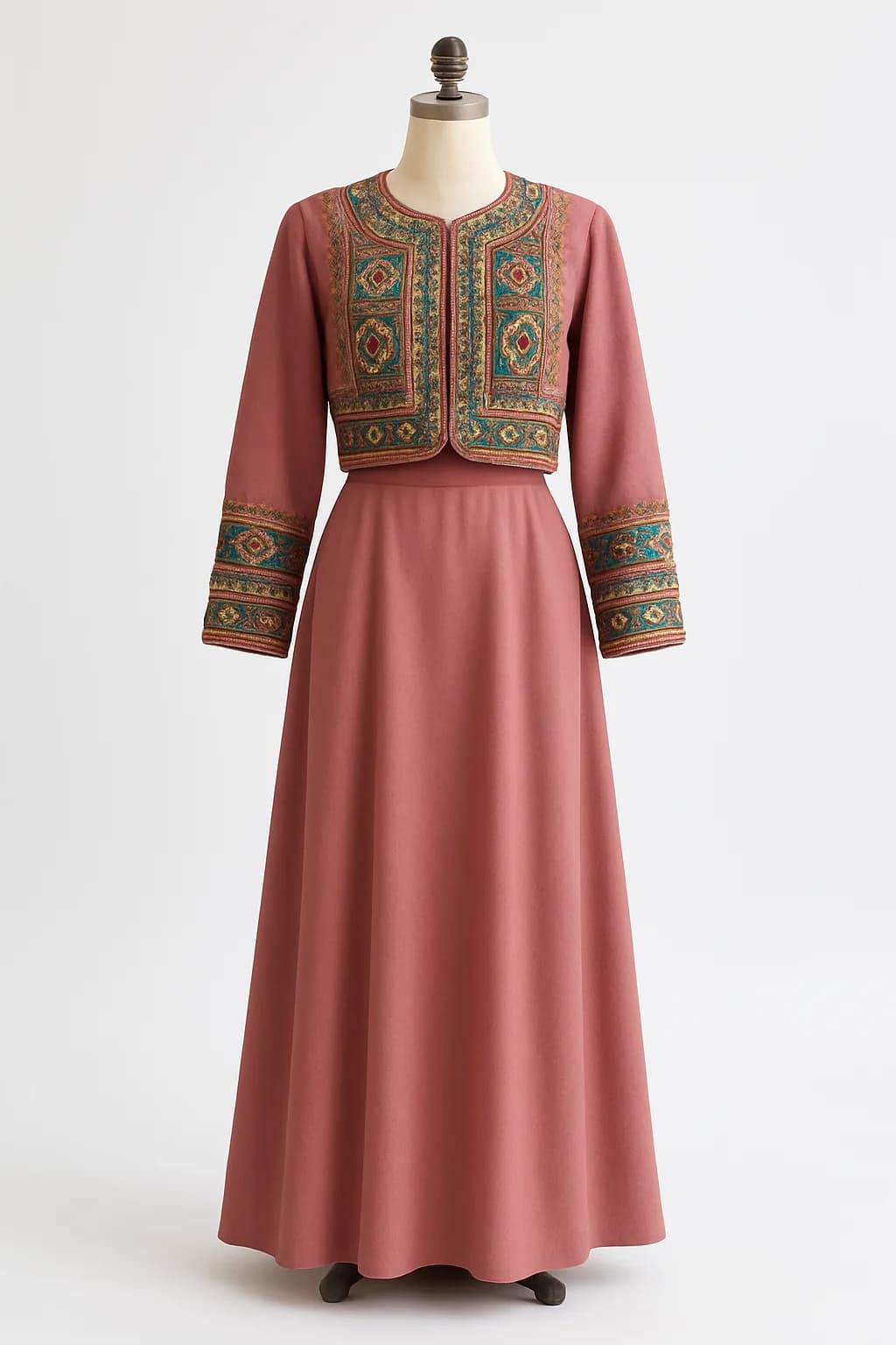 Modern two-piece with embroidered jacket, custom made by HMN Alteration & Tailoring
