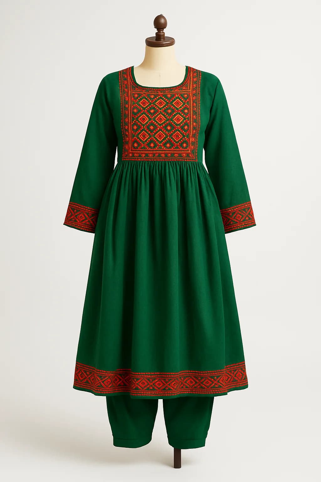 Pashtun embroidered frock in green, custom made by HMN Alteration & Tailoring