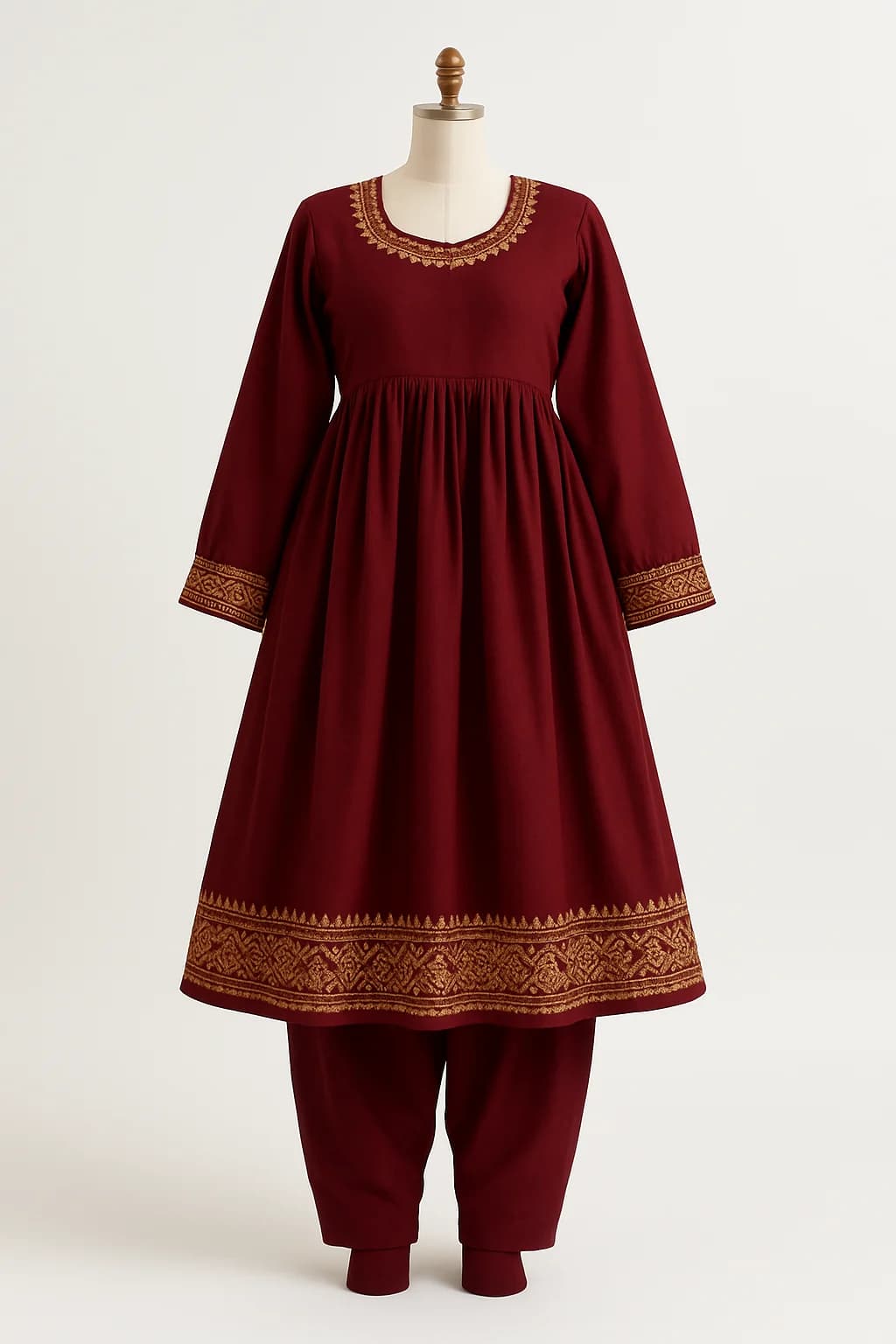 Maroon Pashtun frock with gold border, custom made by HMN Alteration & Tailoring