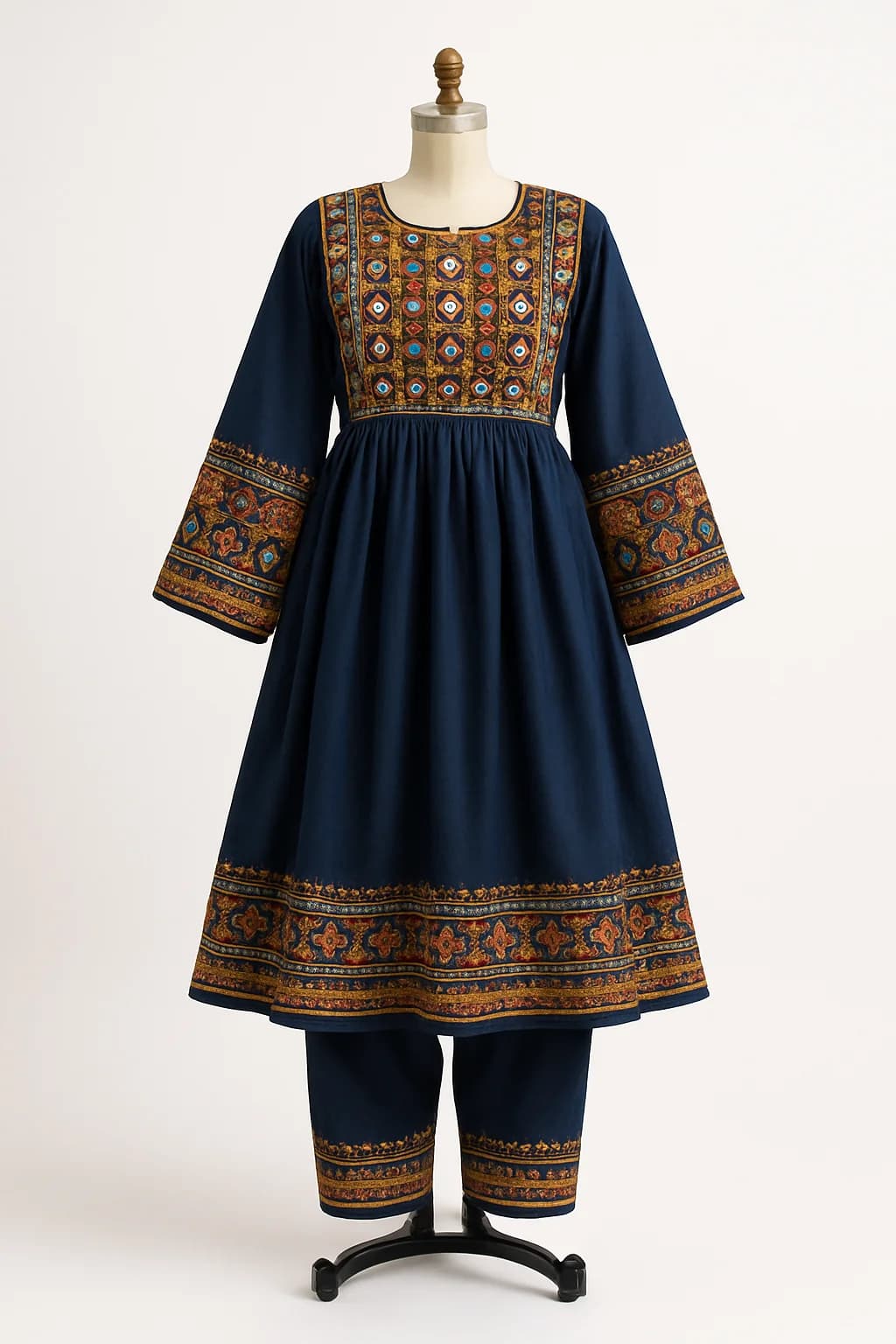 Navy Pashtun frock with mirror yoke, custom made by HMN Alteration & Tailoring