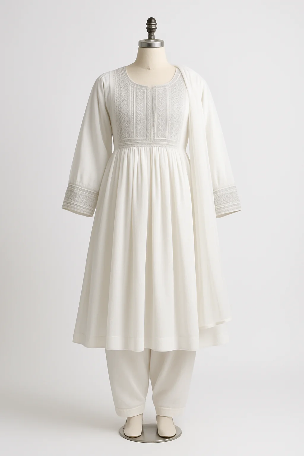 White Pashtun frock with silver work, custom made by HMN Alteration & Tailoring