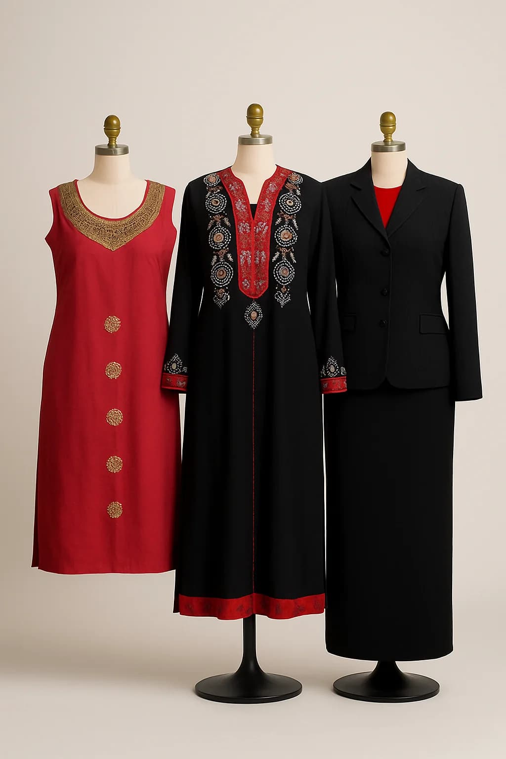 Red embroidered tunic with black suit jacket and skirt, custom made by HMN Alteration & Tailoring