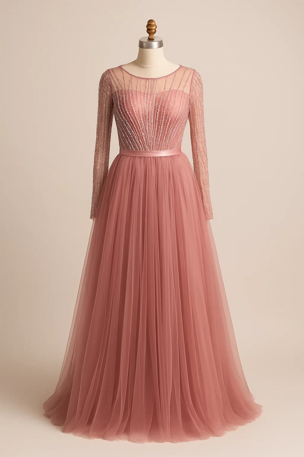 Pink beaded long-sleeve gown with tulle skirt, custom made by HMN Alteration & Tailoring