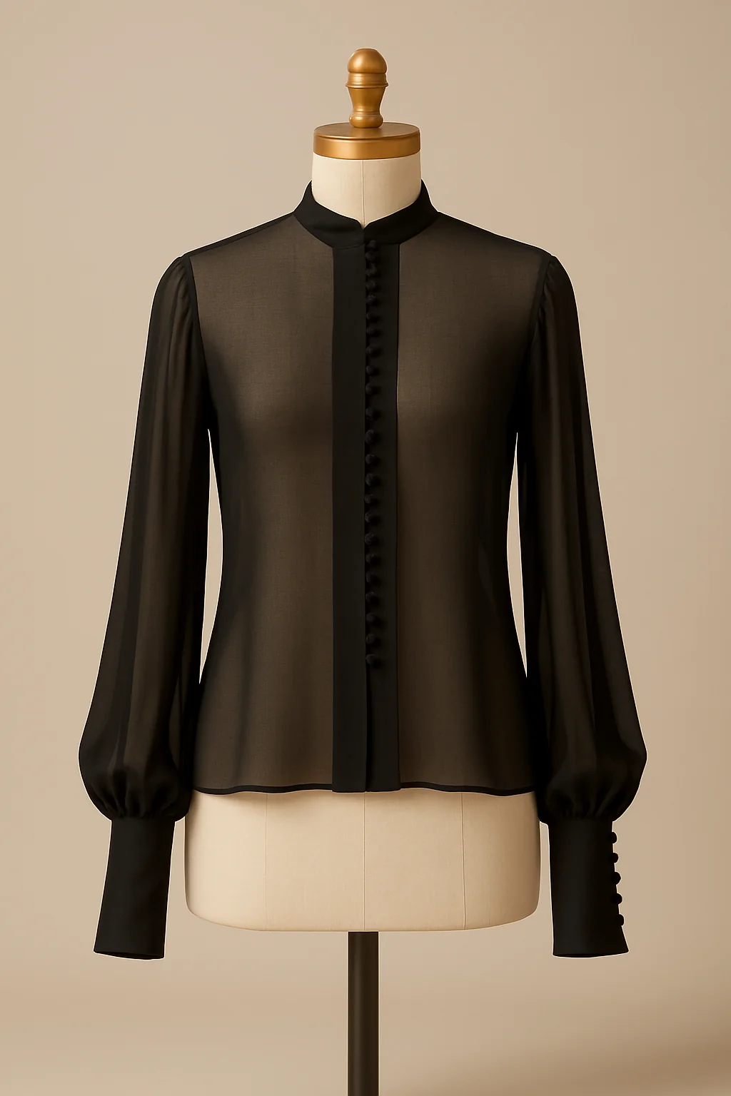 Black sheer button-front blouse with gathered sleeves, custom made by HMN Alteration & Tailoring