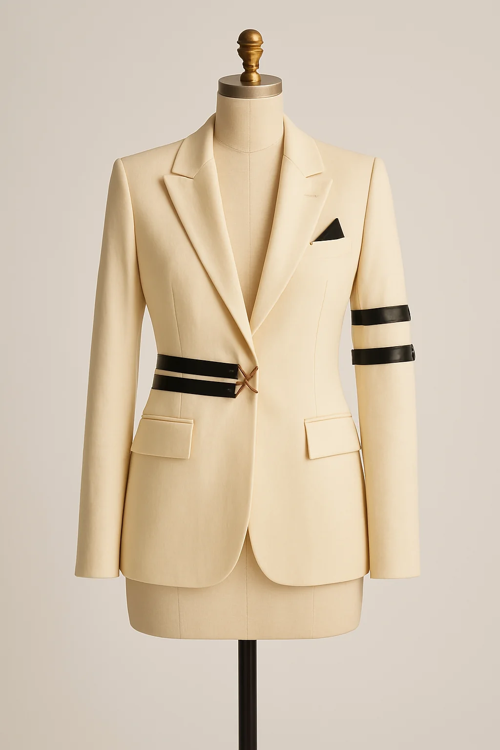Cream blazer with strap detail and pocket square, custom made by HMN Alteration & Tailoring