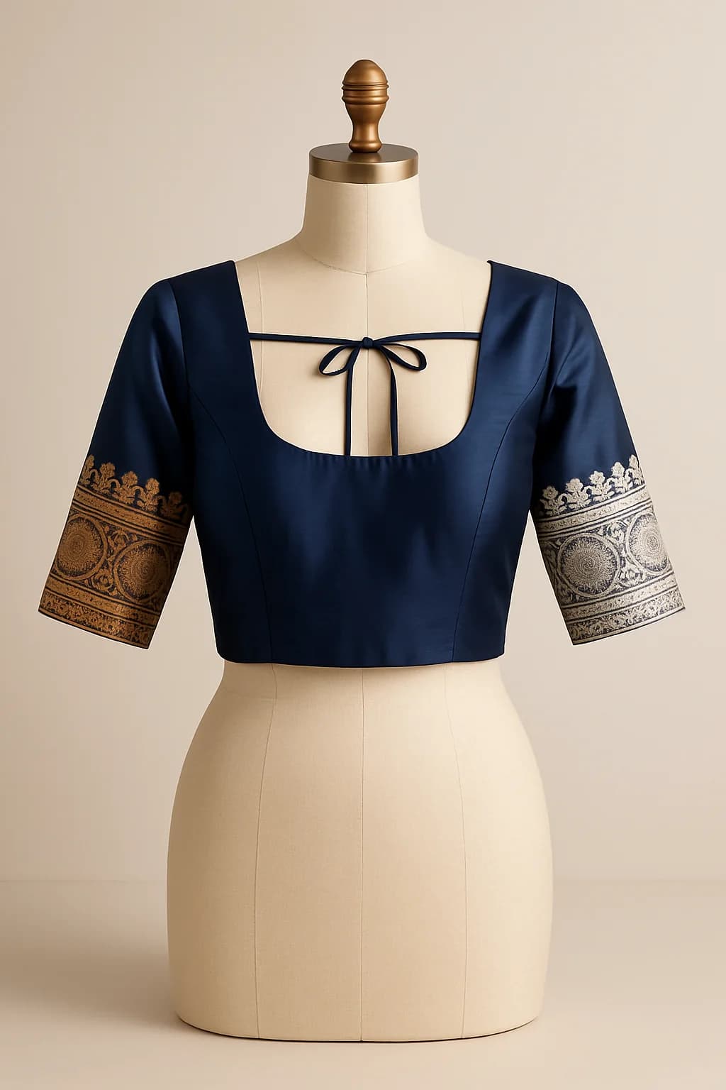 Navy silk saree blouse with brocade sleeves, custom made by HMN Alteration & Tailoring