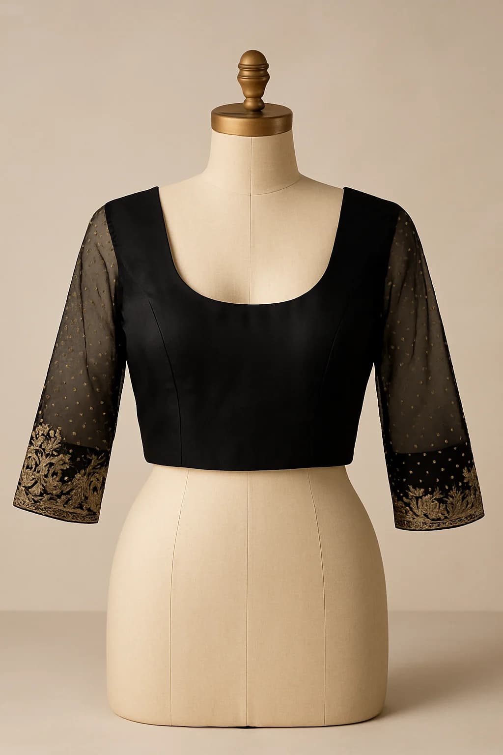 Black sheer saree blouse with brocade cuffs, custom made by HMN Alteration & Tailoring