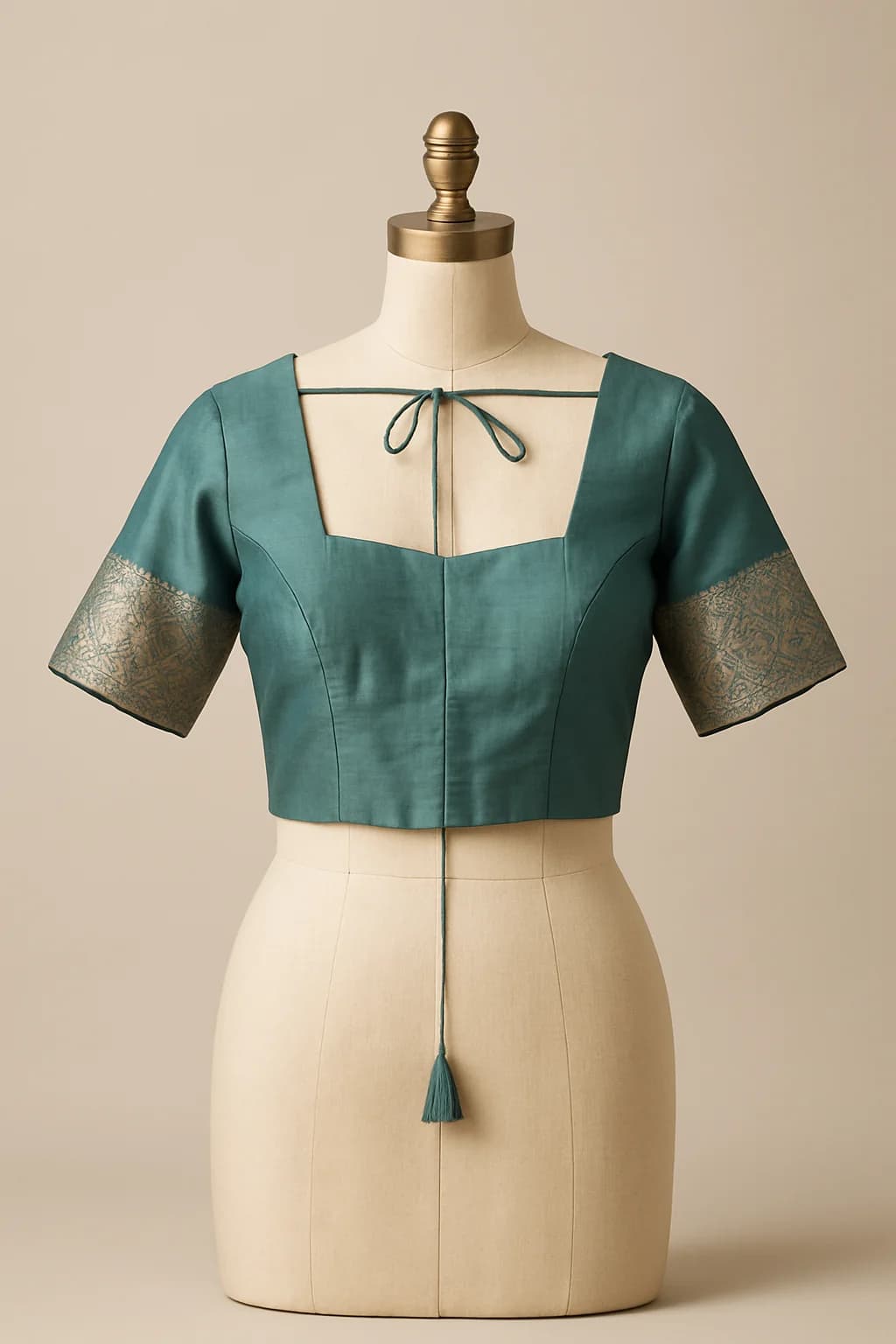 Teal saree blouse with brocade sleeves, custom made by HMN Alteration & Tailoring