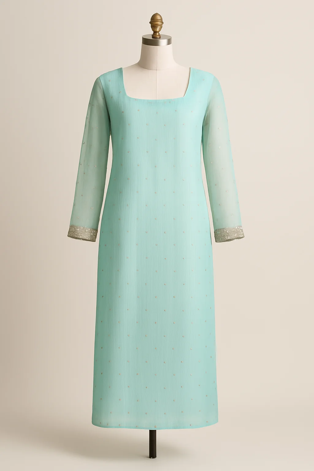 Aqua embellished kurta with sheer sleeves, custom made by HMN Alteration & Tailoring
