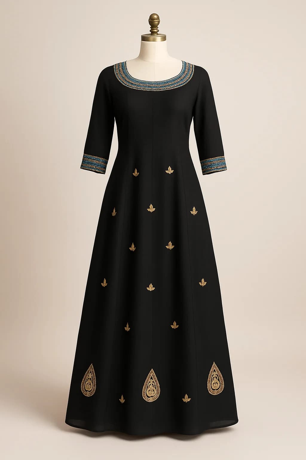 Black abaya with gold embroidered motifs, custom made by HMN Alteration & Tailoring