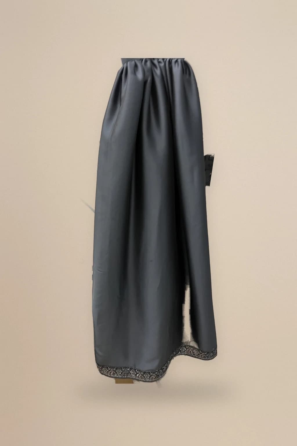 Grey satin gathered maxi skirt with embroidered hem, custom made by HMN Alteration & Tailoring