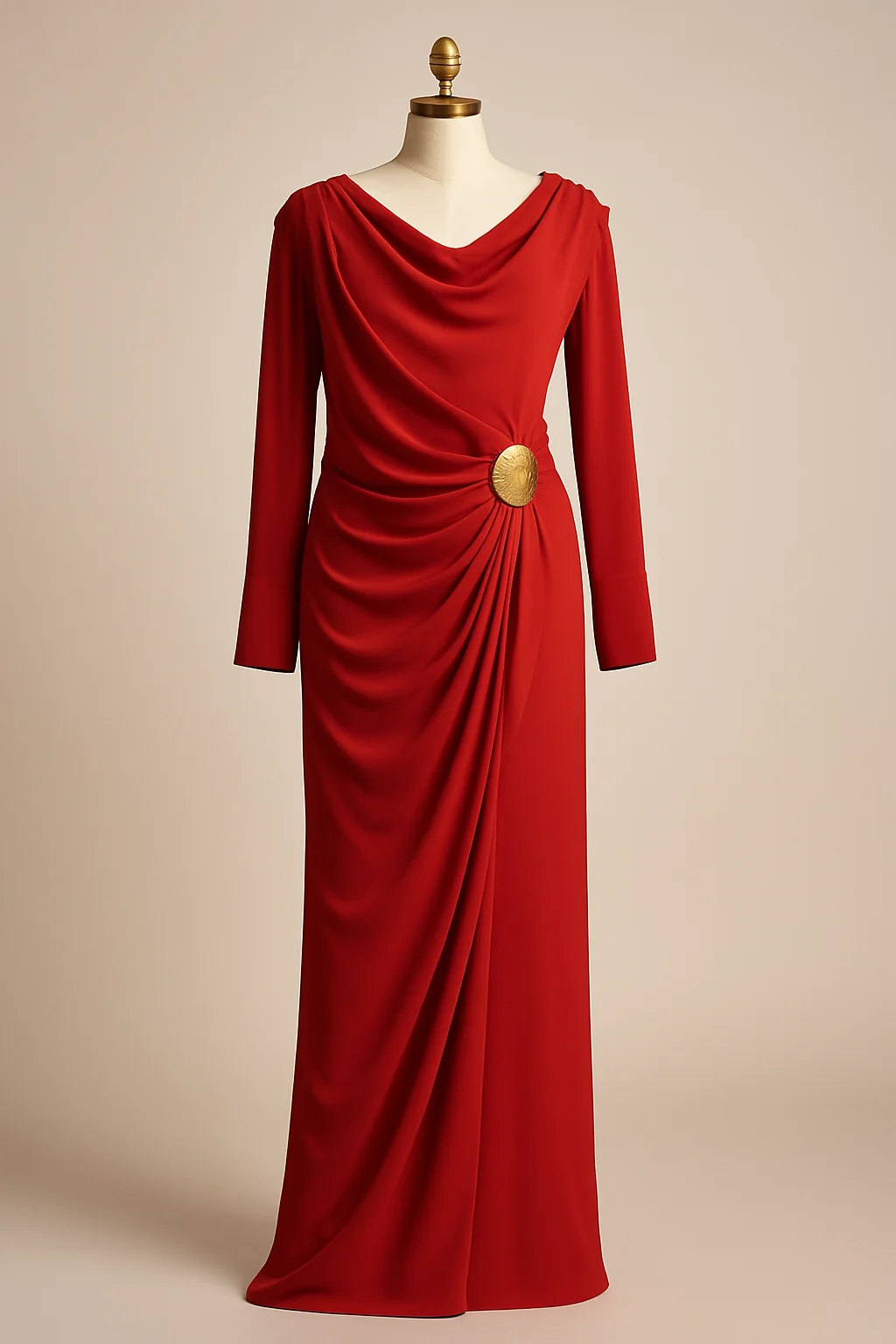 Red cowl-neck draped dress with brooch, custom made by HMN Alteration & Tailoring