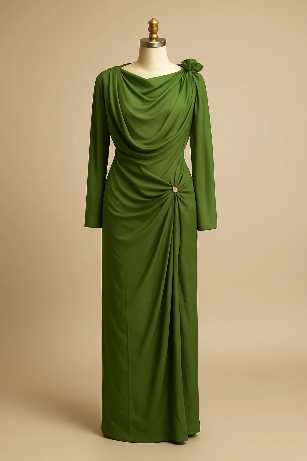 Olive green draped cowl dress with rosette, custom made by HMN Alteration & Tailoring