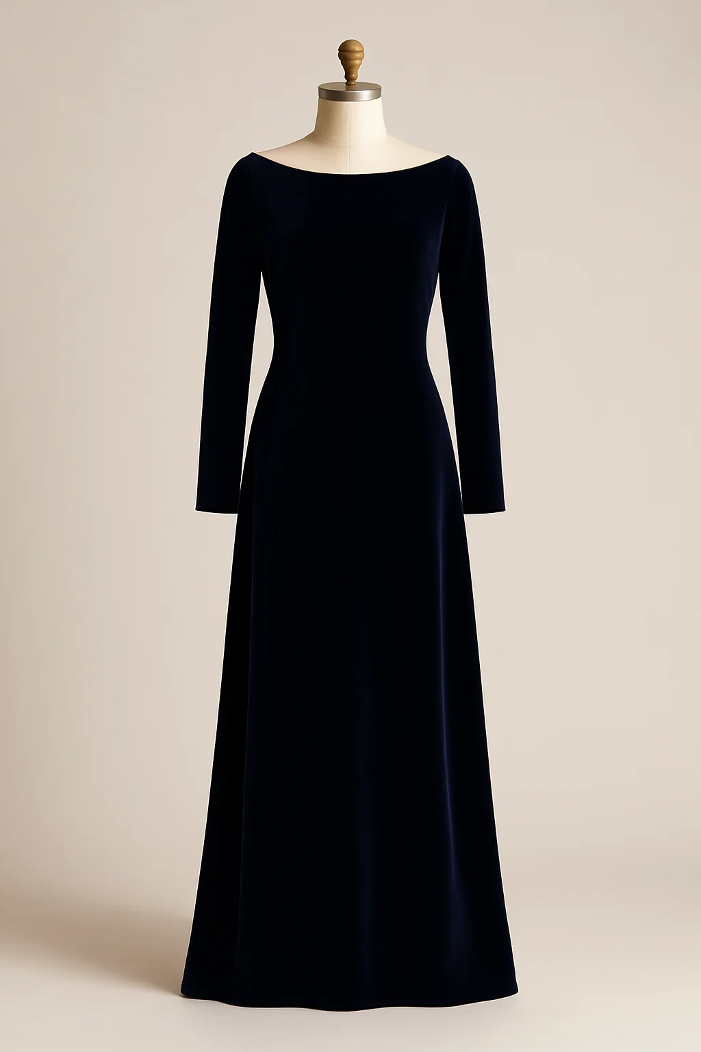 Navy velvet gown on hanger, custom made by HMN Alteration & Tailoring
