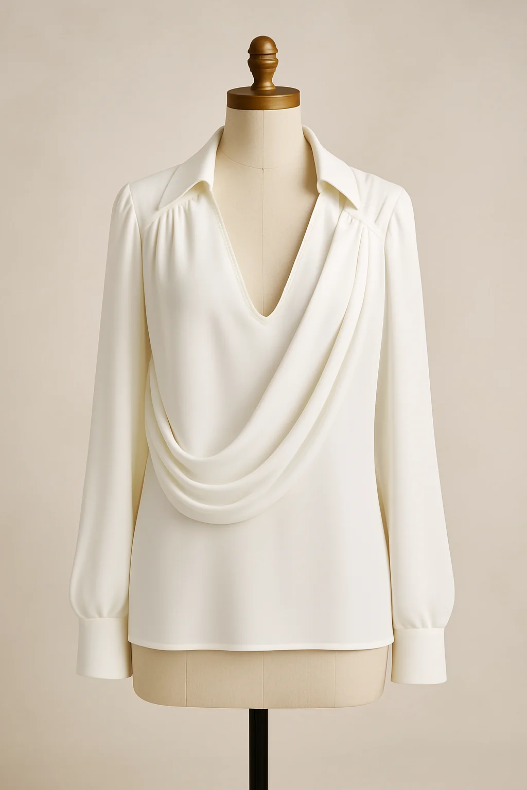 White cowl-neck draped blouse, custom made by HMN Alteration & Tailoring