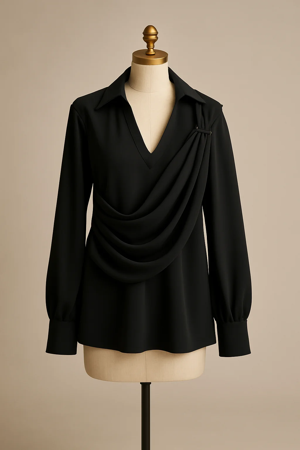 Black asymmetric draped top, custom made by HMN Alteration & Tailoring