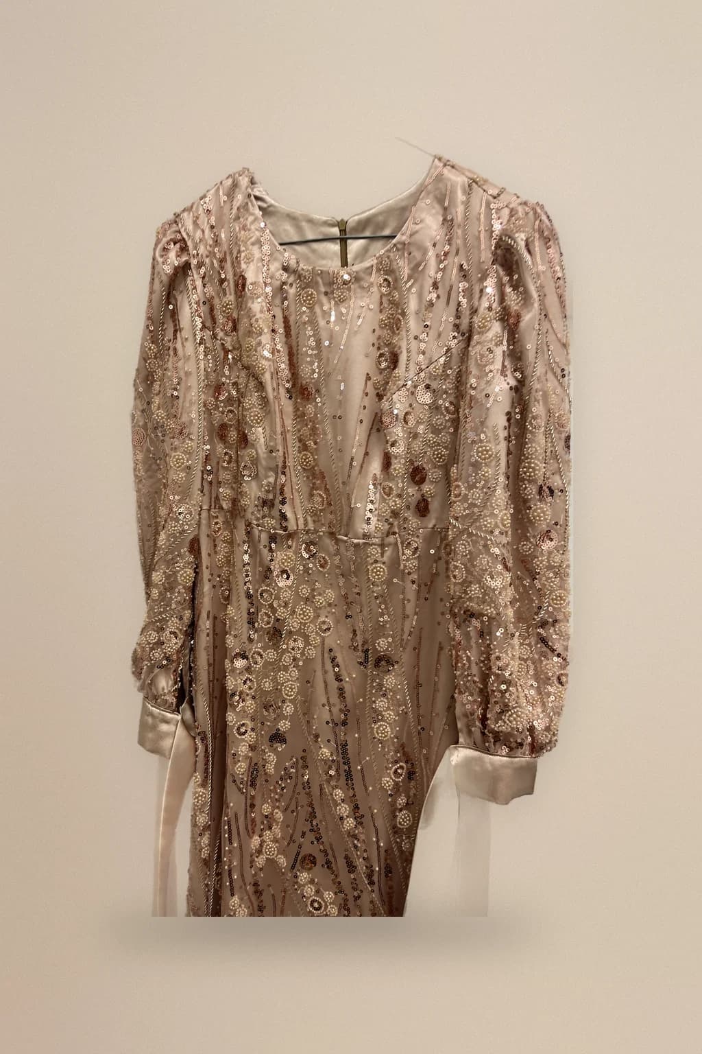 Rose gold sequin long-sleeve dress, custom made by HMN Alteration & Tailoring
