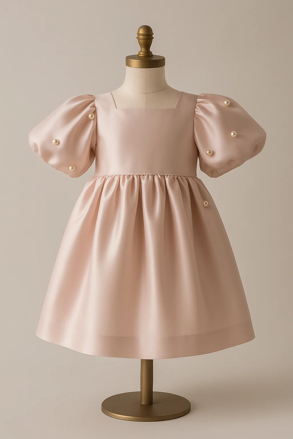 Blush satin dress with pearl-trimmed sleeves, custom made by HMN Alteration & Tailoring